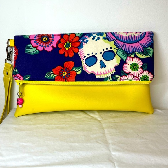 One of a Kind Handmade Floral Skull Yellow Clutch Bag - Picture 1 of 9